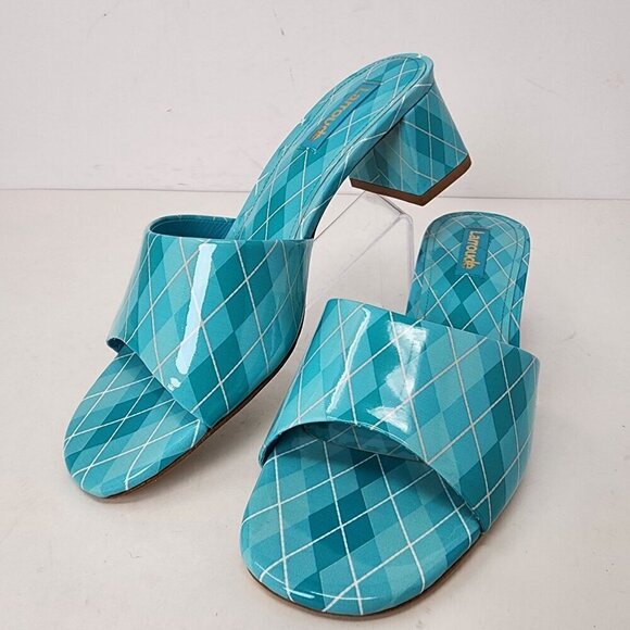 Larroude Aqua Argyle Brigitte Patent Leather Mules, Women's 5 - Picture 1 of 10